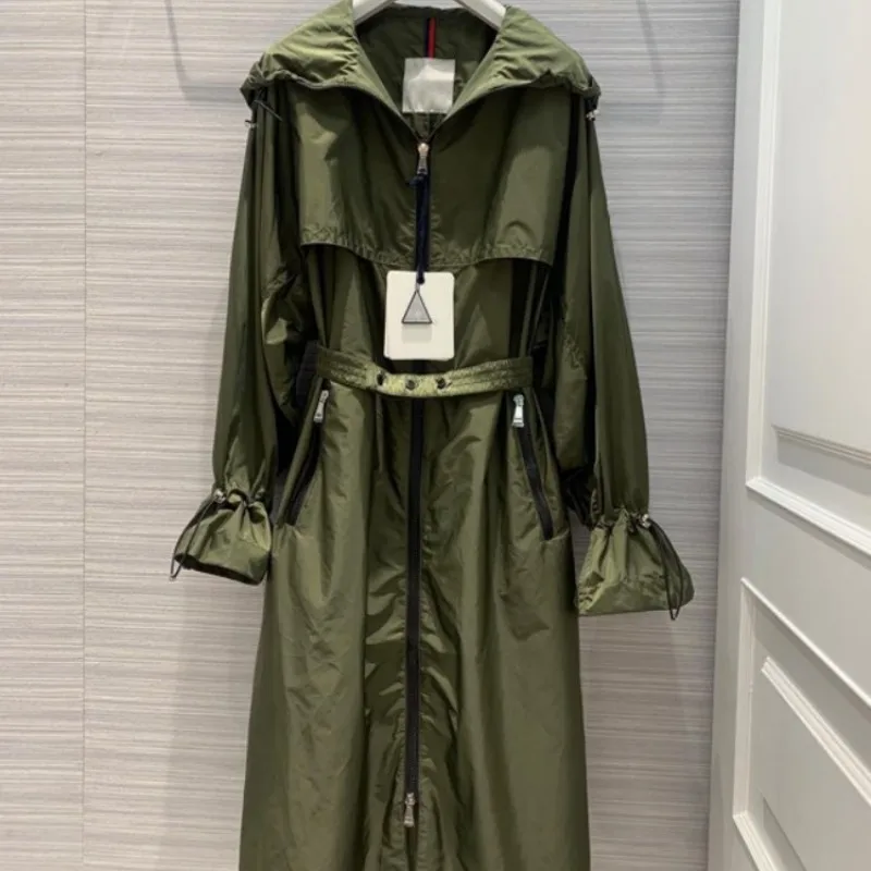 

Spring and summer female hooded Long pattern Trench coat Y2K Casual jacket Slim-fit belt frivolous Fashion clothing female coat