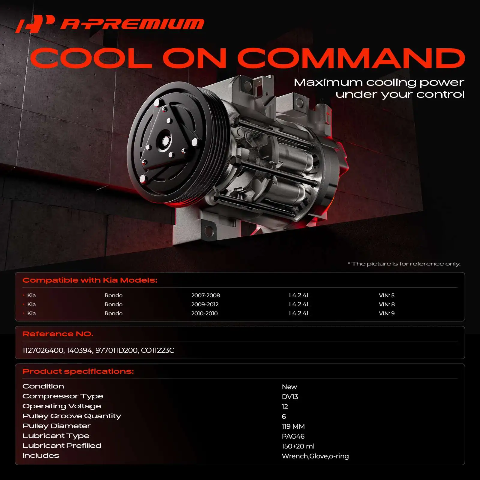 A-Premium AC Compressor with Clutch & 6-Groove Pulley for Kia Rondo 2007-2012