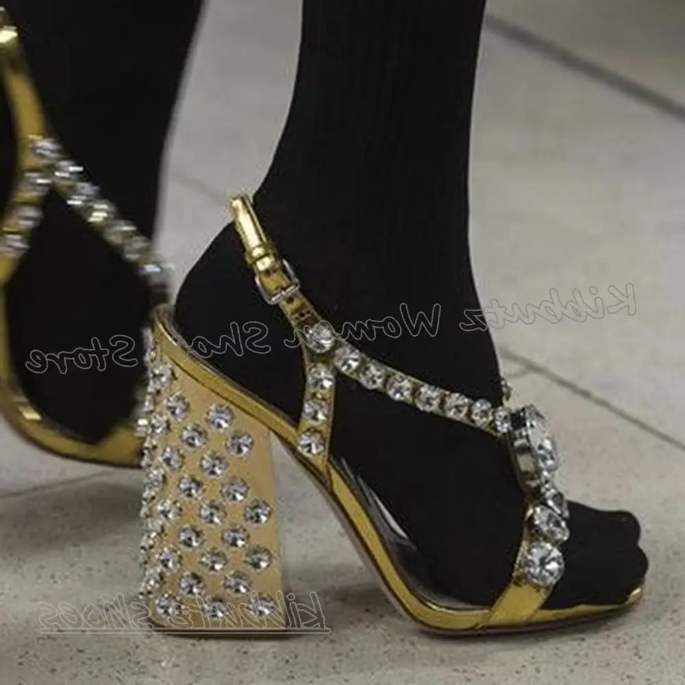 

Rhinestone Buckle Strap Sandals Glossy Crystal Round Toe Chunky Heels Fashion Luxury Elegant Concise Sexy Women Summer Shoes New