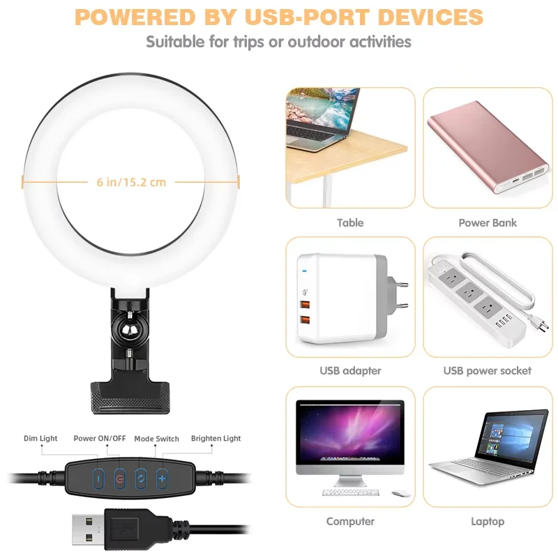 

Clip-on ring light lighting kit, phone selfie light, 3-stop webcam, photography accessories, auto projection, 6-inch fill light