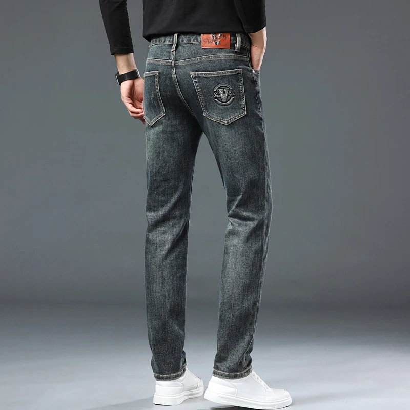 

High-end fashion Slim straight jeans men's business stretch embroidery thick bottom denim pants