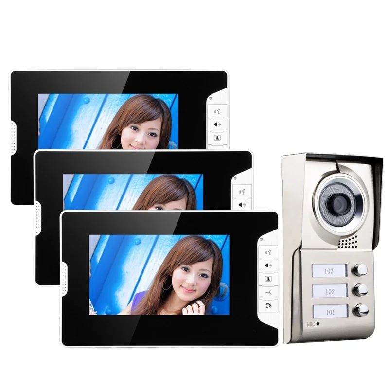 7inch Waterproof 3 Apartments Video Door Phone Intercom System IR-CUT HD 1000TVL Camera with 3 Button 3 Monitor for Home Safety