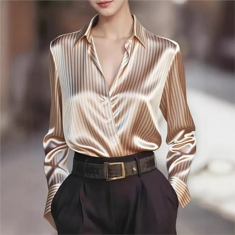 

Vintage Stripe satin Shirt Women's Long Sleeve Single Breasted Office Lady Loose Blouse 2025 New Ladies Autumn Solid Streetwear