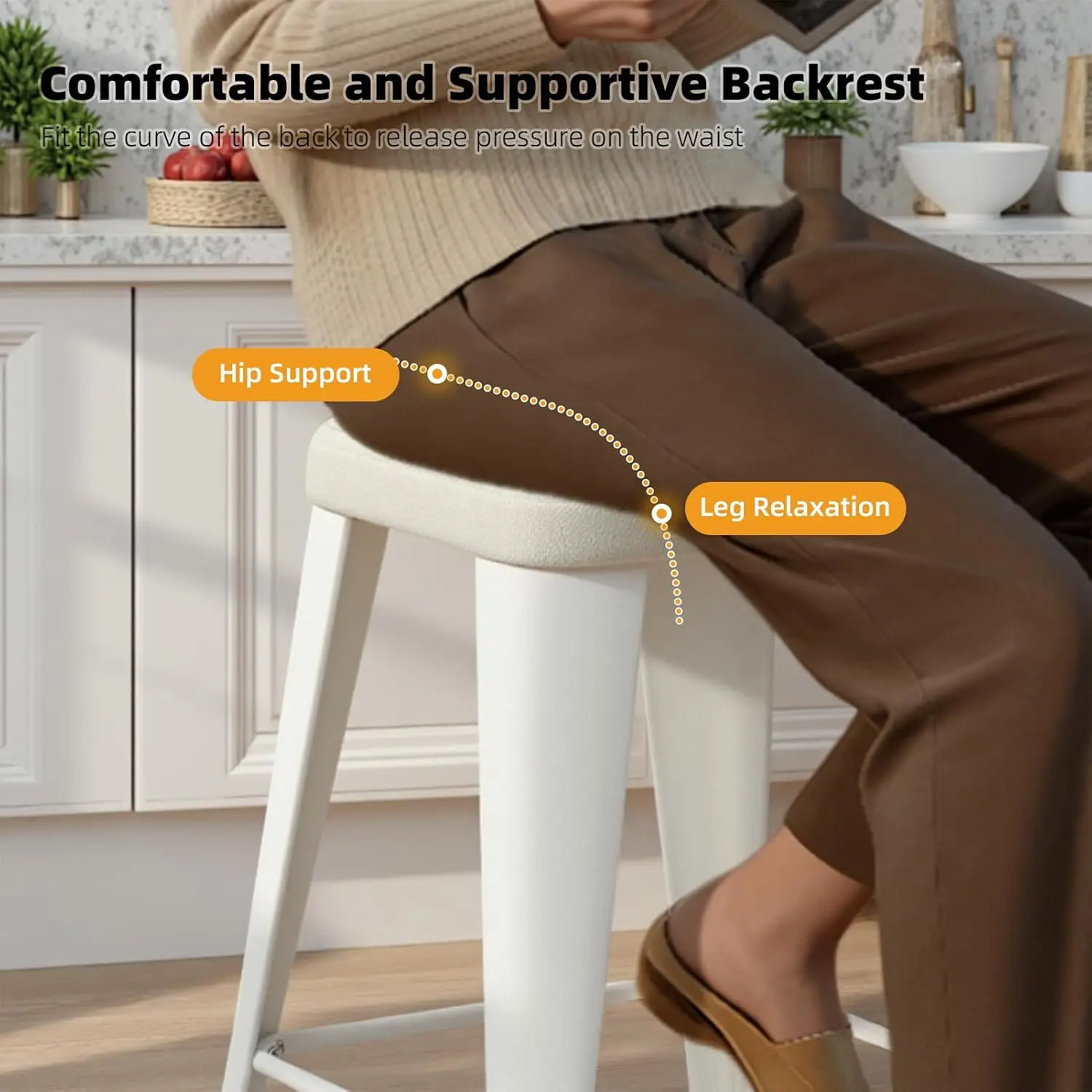 Bar Stools Set of 4, 26" Counter Height Bar Stools Backless, Upholstered Bar Stools with Metal Legs for Kitchen Island, Study Room, Cafe, White view 4