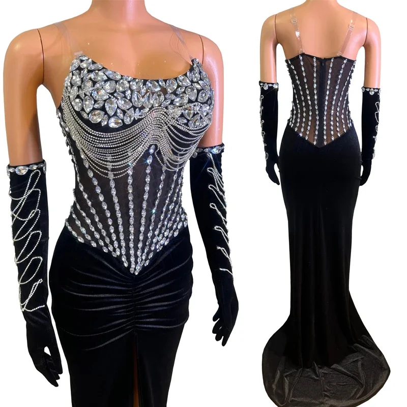 

Fashion Rhinestones Black Velvet Dress Women Party Jazz Dancer Costume Stage Performance Outfit Festival Evening Dresses