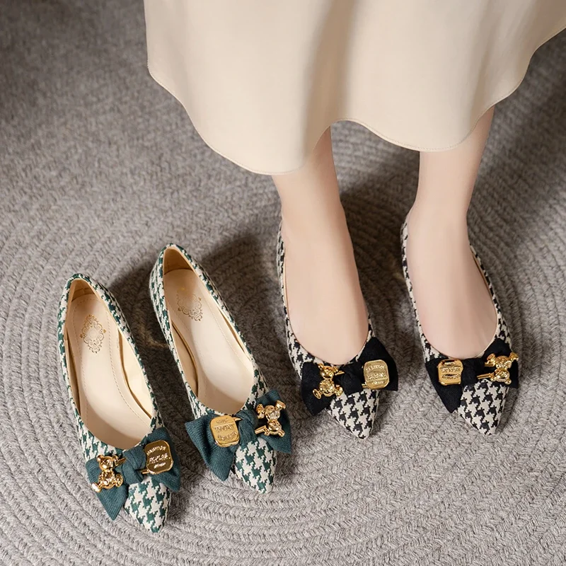 New Thick Heel Shoes Women's 2024 Autumn New All-match Pointed Toe Flat Shoes Houndstooth Bow Shallow Mouth Medium Heel