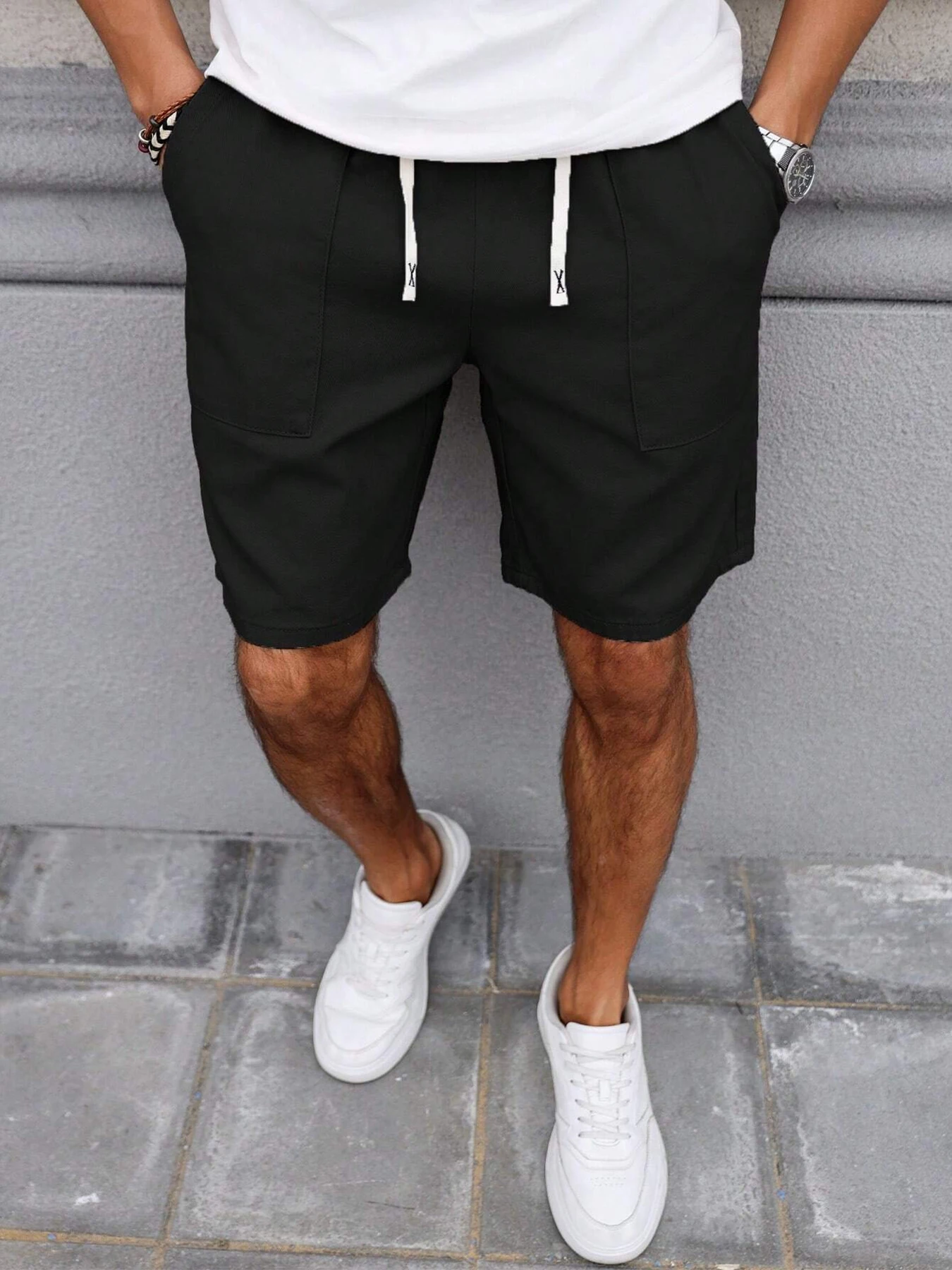 Sommer Herren Retro Amerikanischer Stil Shorts mit Kordelzug Lässige Hosen Einfarbig Trendige Mittellange Herrenshorts – Detail 9