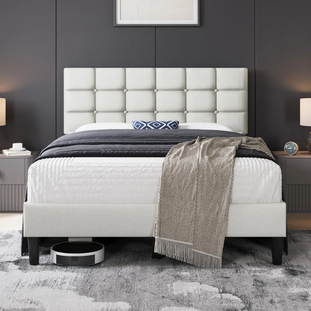 Full Size Upholstered Tufted Bed Frame with Headboard