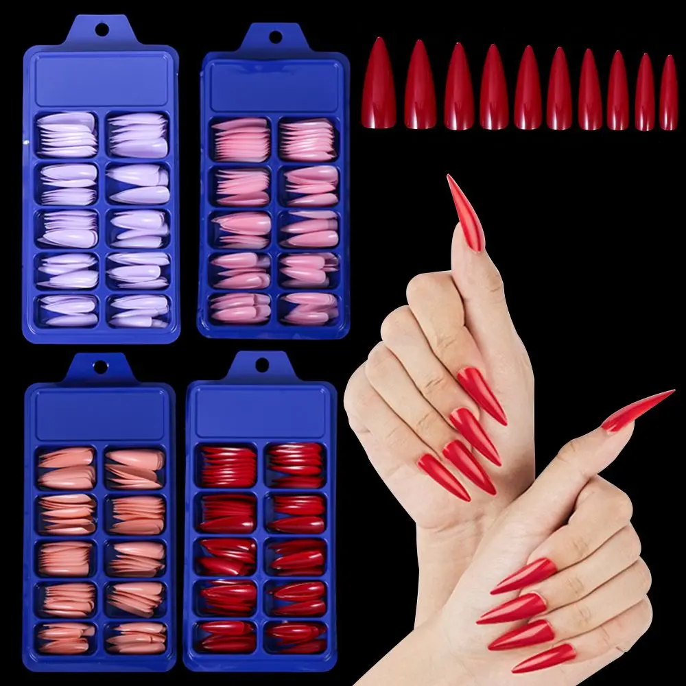 100 PCS/Box Solid Colour False Nail Tips Fake Nails Art Long Stiletto Acrylic Manicure DIY Tools Full Style 20Colors