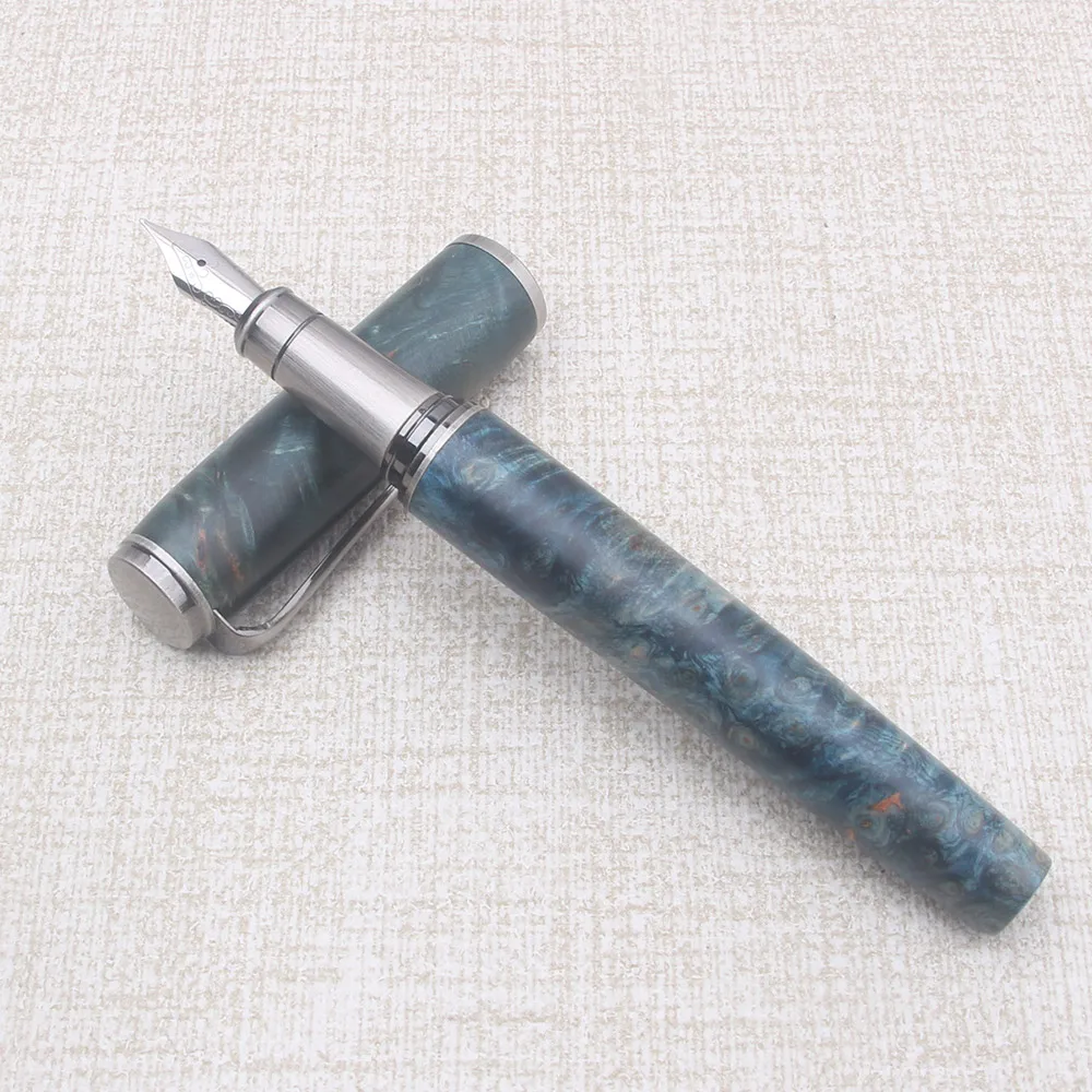 Natural A10 Stabilized Wood Fountain Pen Fine Nib Dark Blue Brown Handcraft Writing Pen with Converter Writing Pen