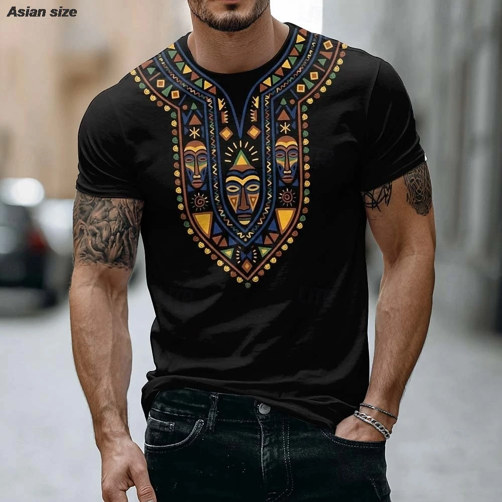 2026 Mens African Tribal Mask T Shirt Ethnic Dashiki Style Graphic Tee Black Short Sleeve Casual Top Clothing Apparel