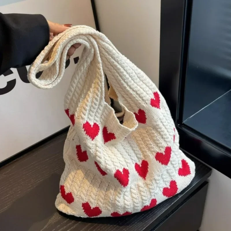 Bolsos de punto con forma de corazón para mujer, bolso de hombro con cuerda de ganchillo, plegable, estilo coreano, Y2K