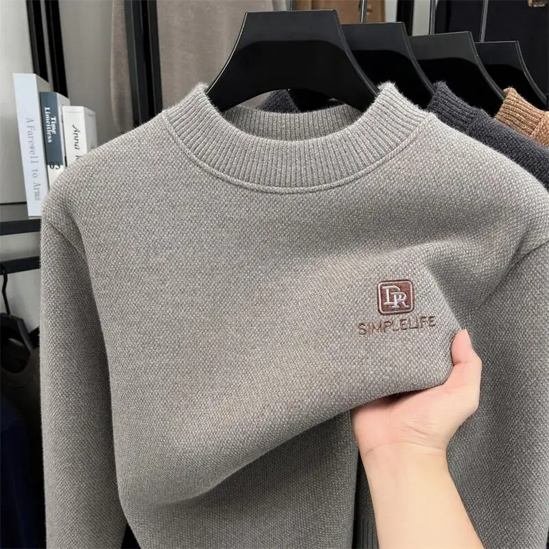 

Embroidered Warm Semi High Neck Sweater with Thick Velvet for Men Winter Youth Wearing A Pullover Knit Sweater Trendy