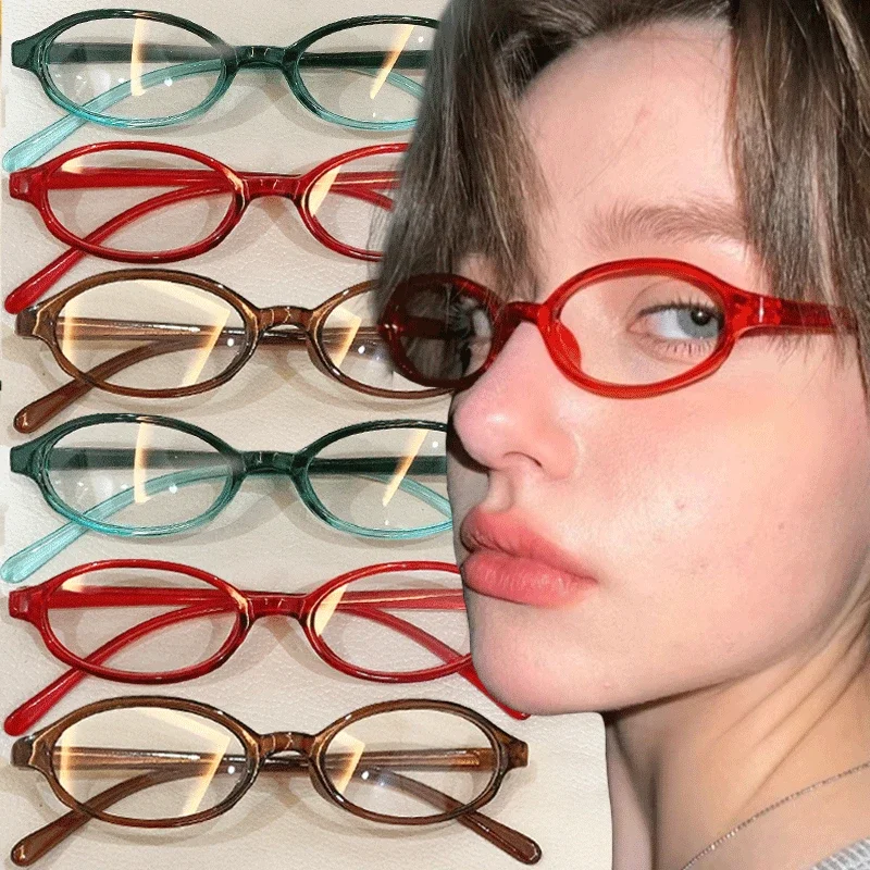 Y2K Women Retro Oval Square Glasses Red Green Frame Glass Eyewear Decorative Computer Anti-blue Eyeglasses with Seaside Driving