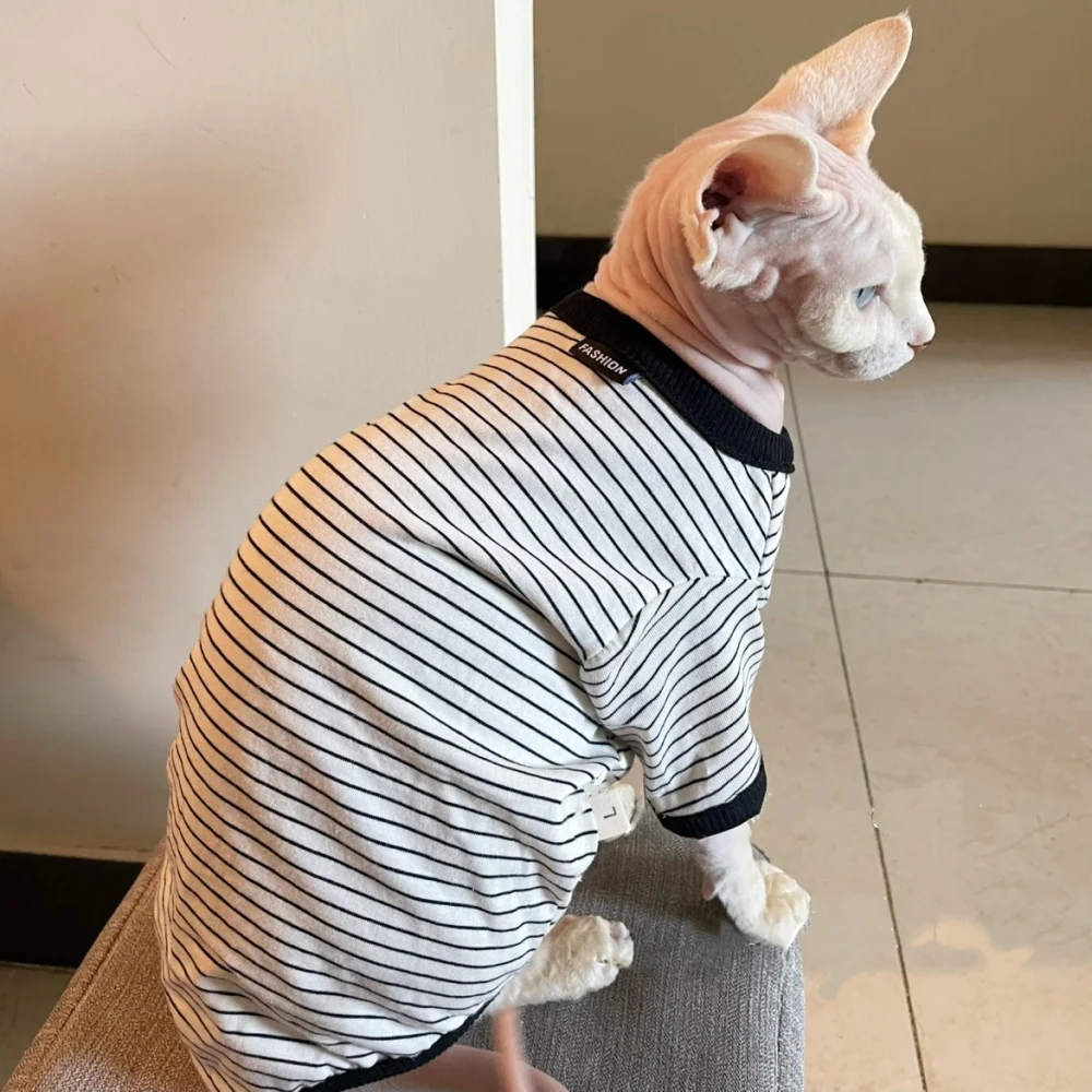 Camiseta a rayas de primavera para gato sin pelo, abrigo de algodón de manga larga blanco y negro para gato esfinge, pijamas suaves de otoño para gatitos