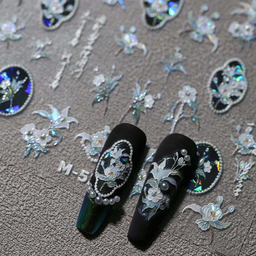 

Chic White Lily Camellia Flower Frame Dreamy Shiny Garden Antique Petal Leaves Self Adhesive Nail Art Stickers Manicure Decals