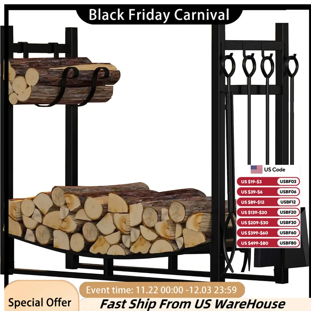 Fireplace Log Rack with Kindling Holder Firewood Holder for Wood Storage Storage Log Holder Include 4 Tools (19.8)