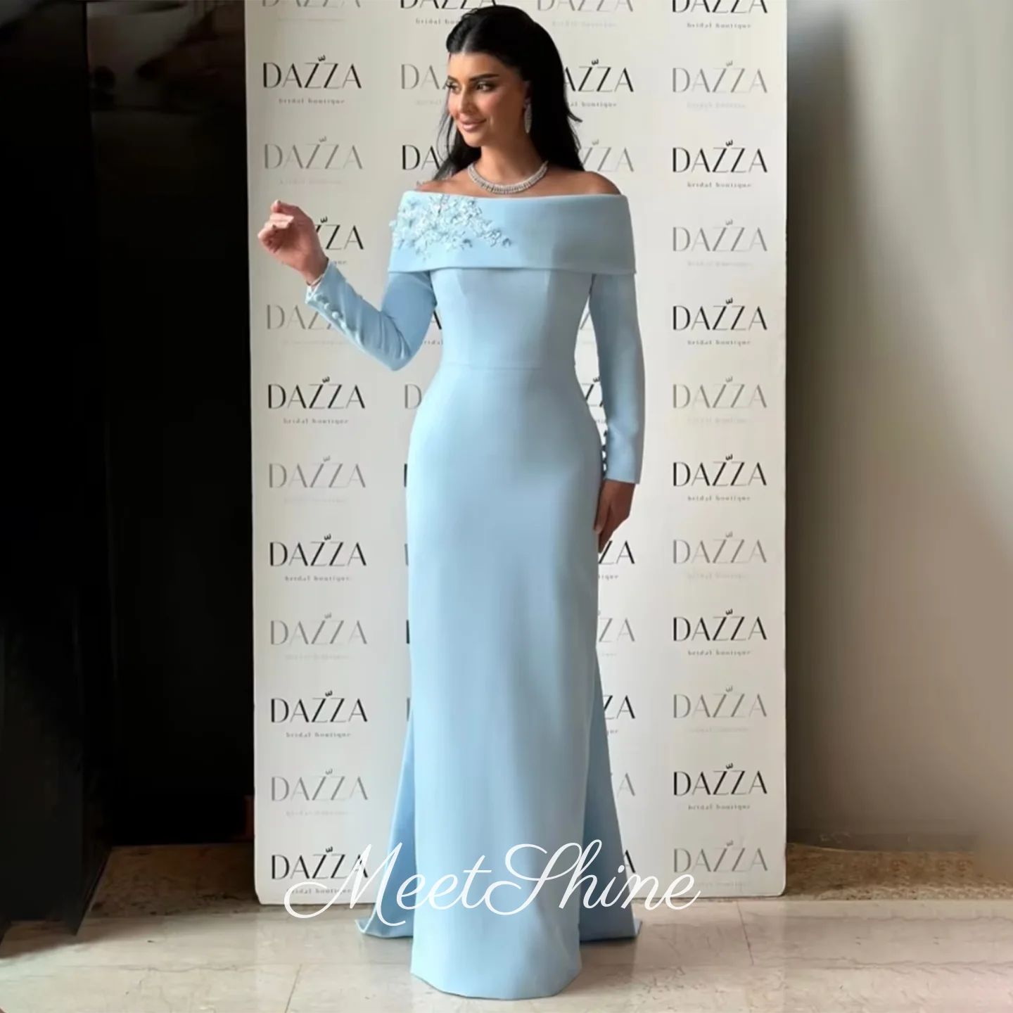 

Elegant Blue Flower Strapless Evening Dress Floor Length Prom Dress Long Sleeve Prom Dress Customized Saudi Arabia Wedding Dress