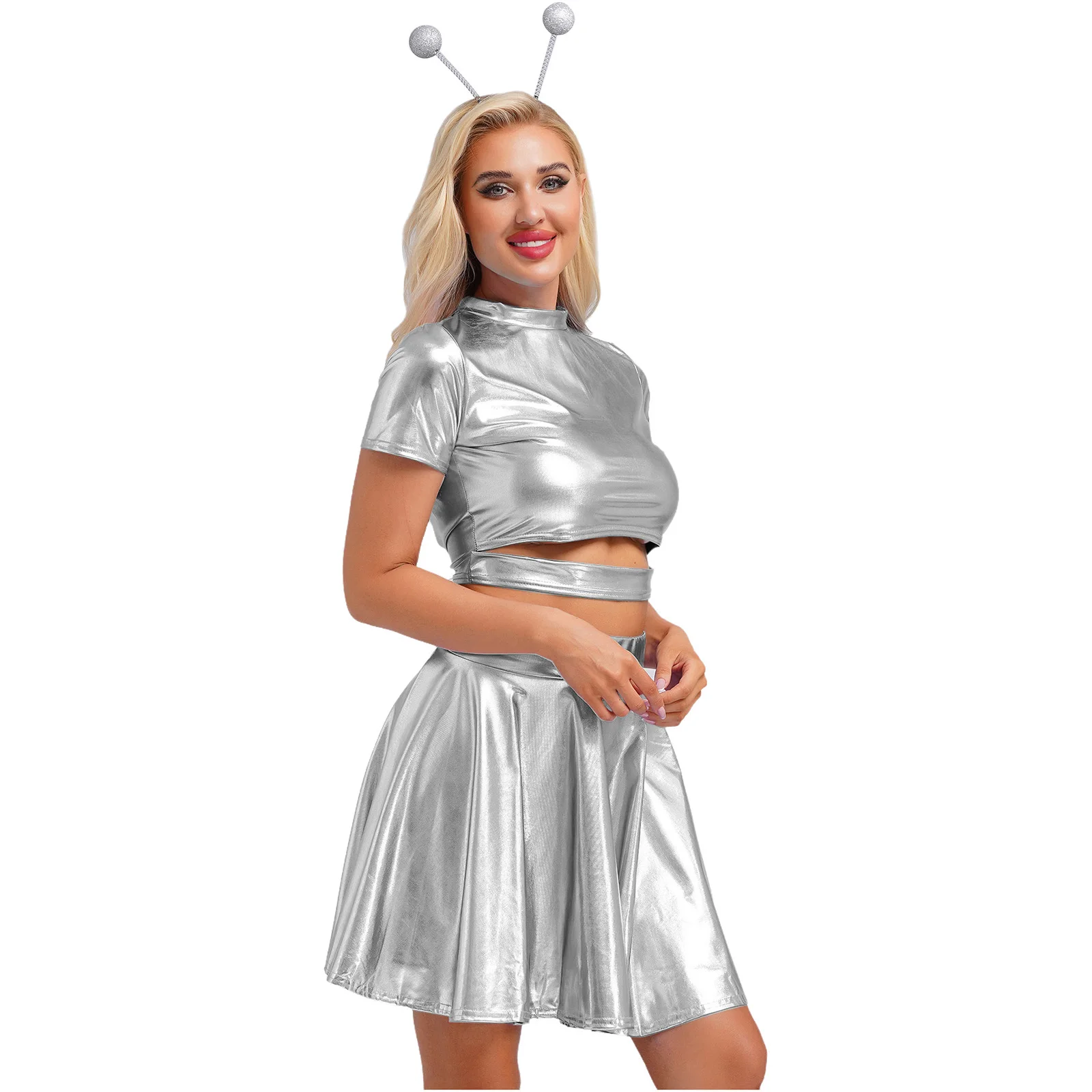 Womens Space Astronaut Cosplay Costume Metallic Shiny Sleeveless Crop Tank Top with Skirt Alien Hair Hoop Theme Party Clubwear — zdjęcie 4