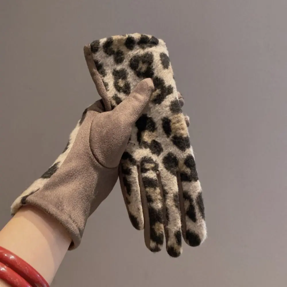 Practical Cashmere Leopard-print Gloves Cold-proof Keep Warm Ladies Driving Gloves Touch Screen Windproof Mittens Winter Cycling
