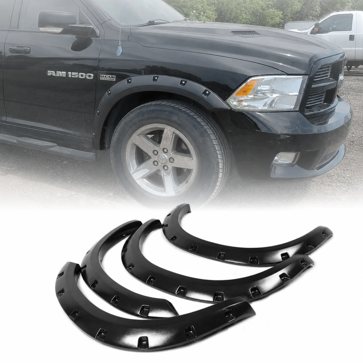 Fender Flares for 2009-2017 Dodge Ram 1500 Textured Black Pocket Rivet Wheel Arch Mud Guards Offroad Pickup Truck Protector 4PCS