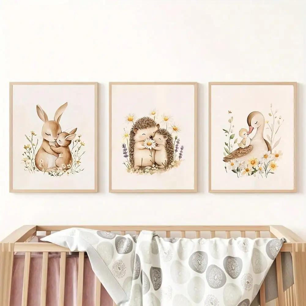 set of 3 forest animal posters hedgehog mother rabbit mother and their Baby canvas painting,Woodland Nursery Prints