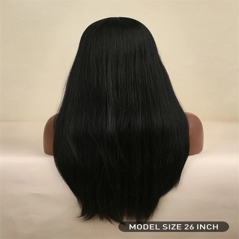 Soft Natural Black 26Inch Kinky Straight Lace Front Wig With Mached All Skins With Baby Hair Synthetic Preplucked Glueless Daily