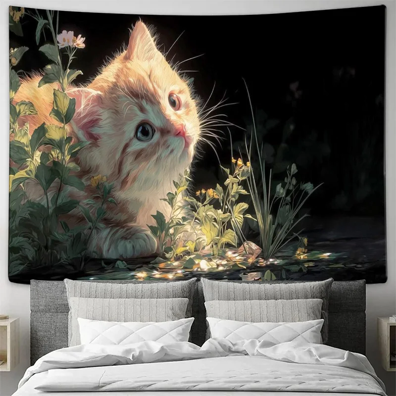 Cute Kitten In Garden Night Light Wall Tapestry Machine Washable All Season Decor Print Pet Animal Design Home nontoxic material