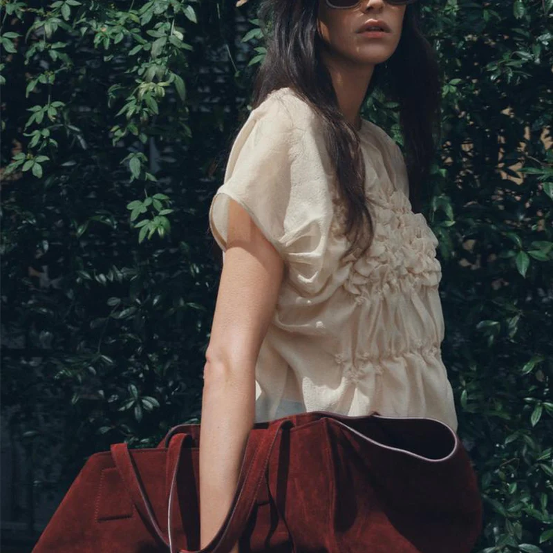 Spring 2025 Women's round Ne ort Sve Embroidered Flower Decorated irt Polyester Fiber 00% Versatile Sle Z