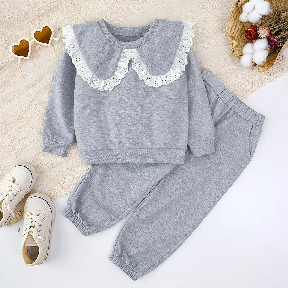Spring Autumn Girls' Clothing Sets Lace Collar Set Korean Japanese Style Girls' New Long Sleeved Hoodie+ Pants Two-piece Set