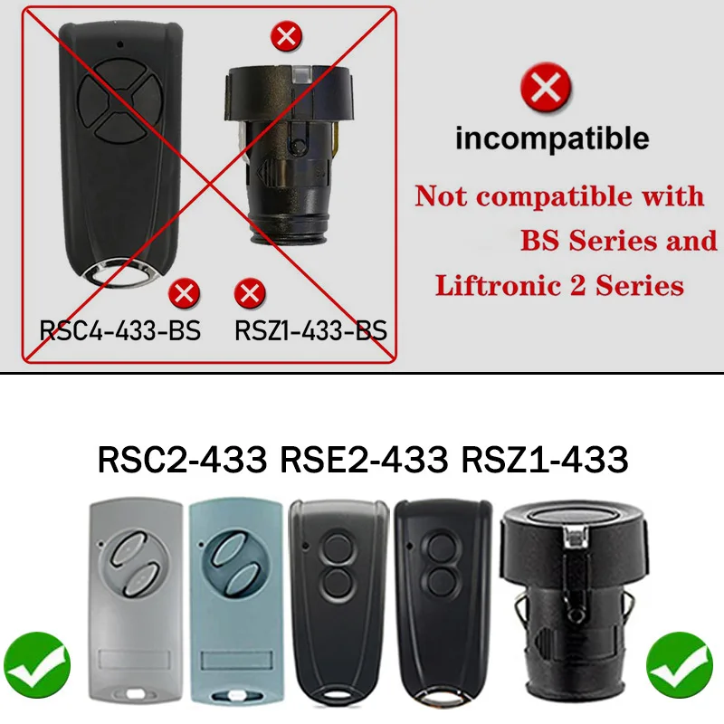 For RSC2 RSE2 RSZ1 RSC2-433 RSE2-433 RSZ1-433 Garage Door Remote Control 433MHz Rolling Code for Liftronic 500 700 800