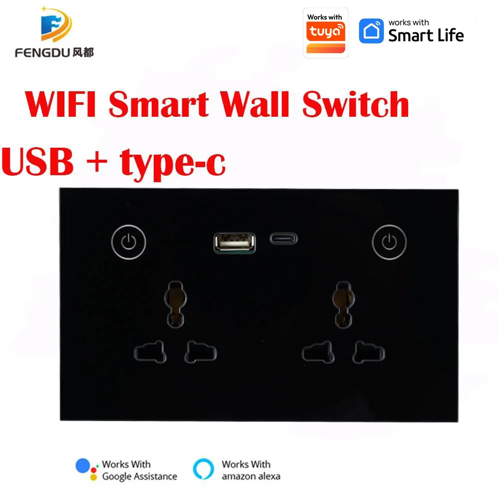Smart Home WiFi Works Tuya App Alexa Google Home Voice Type C USB Wall Double Outlet USB Type C Universal Smart Socket