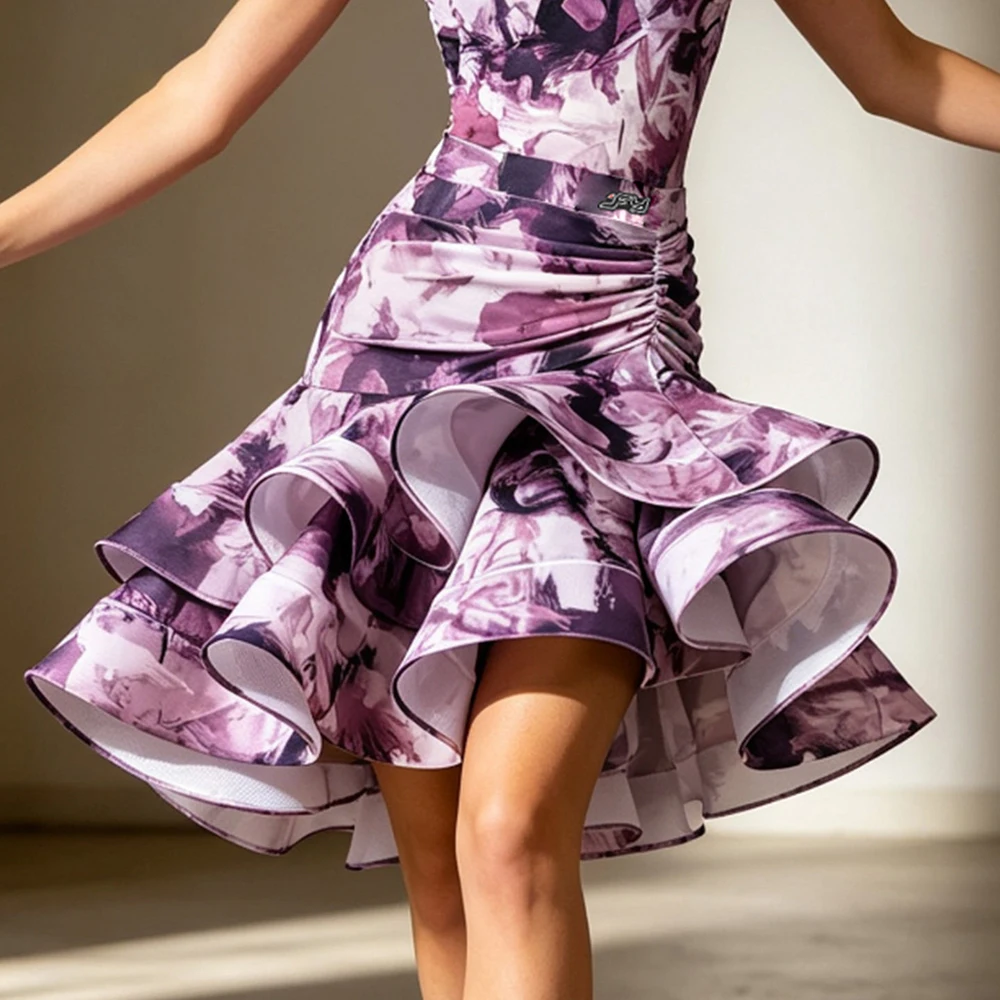 

Floral Print Latin Dance Skirt for Women Purple Ruffled Hem Samba Cha Cha Rumba Practice Performance Dancewear Costume