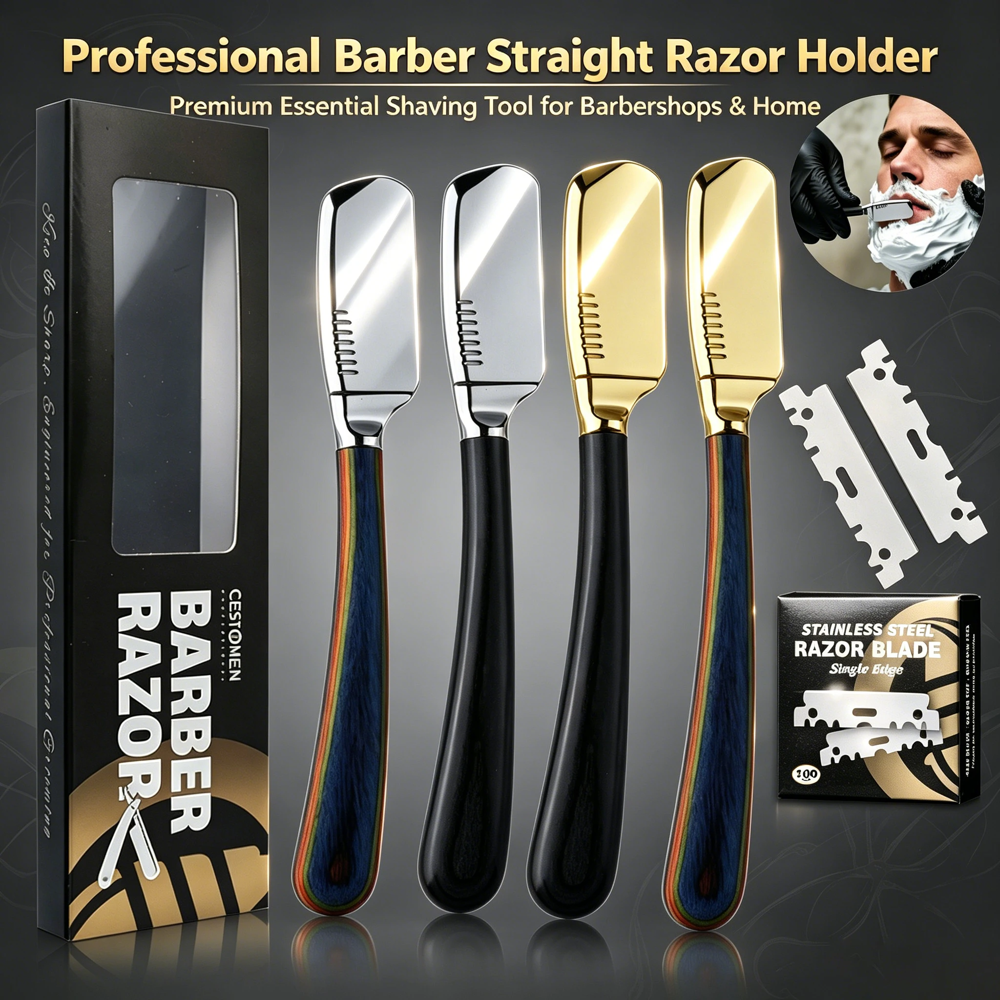 Neue Pro Color Rasiermesser mit Holzgriff, manuelle Haarentfernungswerkzeuge aus Edelstahl für Männer, Rasiermesserhalter für die Bartschneidung