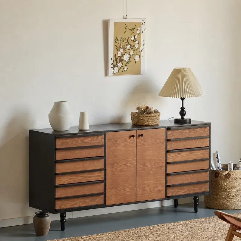 Bamboo Foot Solid Wood Dining Side Cabinet Storage Unit Walnut Color Large Capacity Bucket Style Cupboard for Home