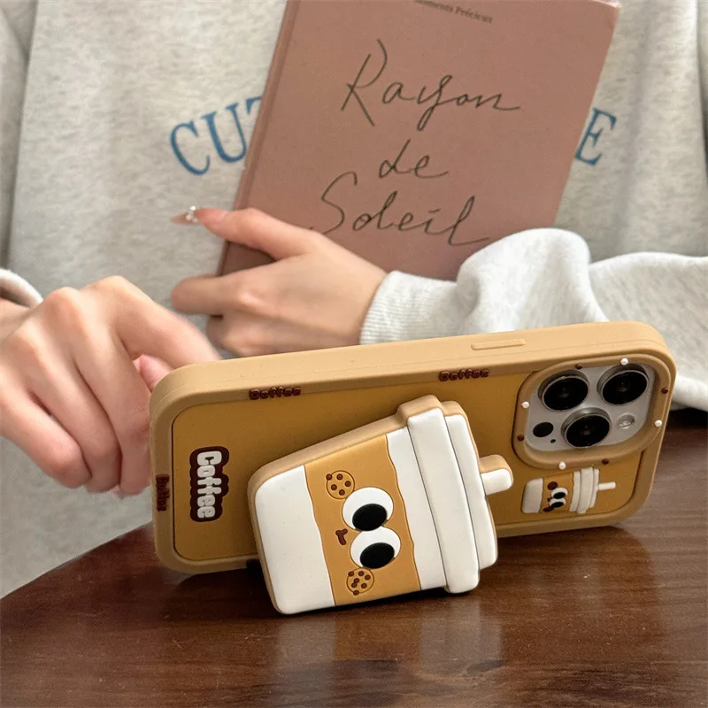 3D Cute Cartoon Bubble Milk Tea Bracket Soft Silicone Phone Case For iPhone 17 Air 16 15 14 13 12 Pro Max Plus Shockproof Cover view 4