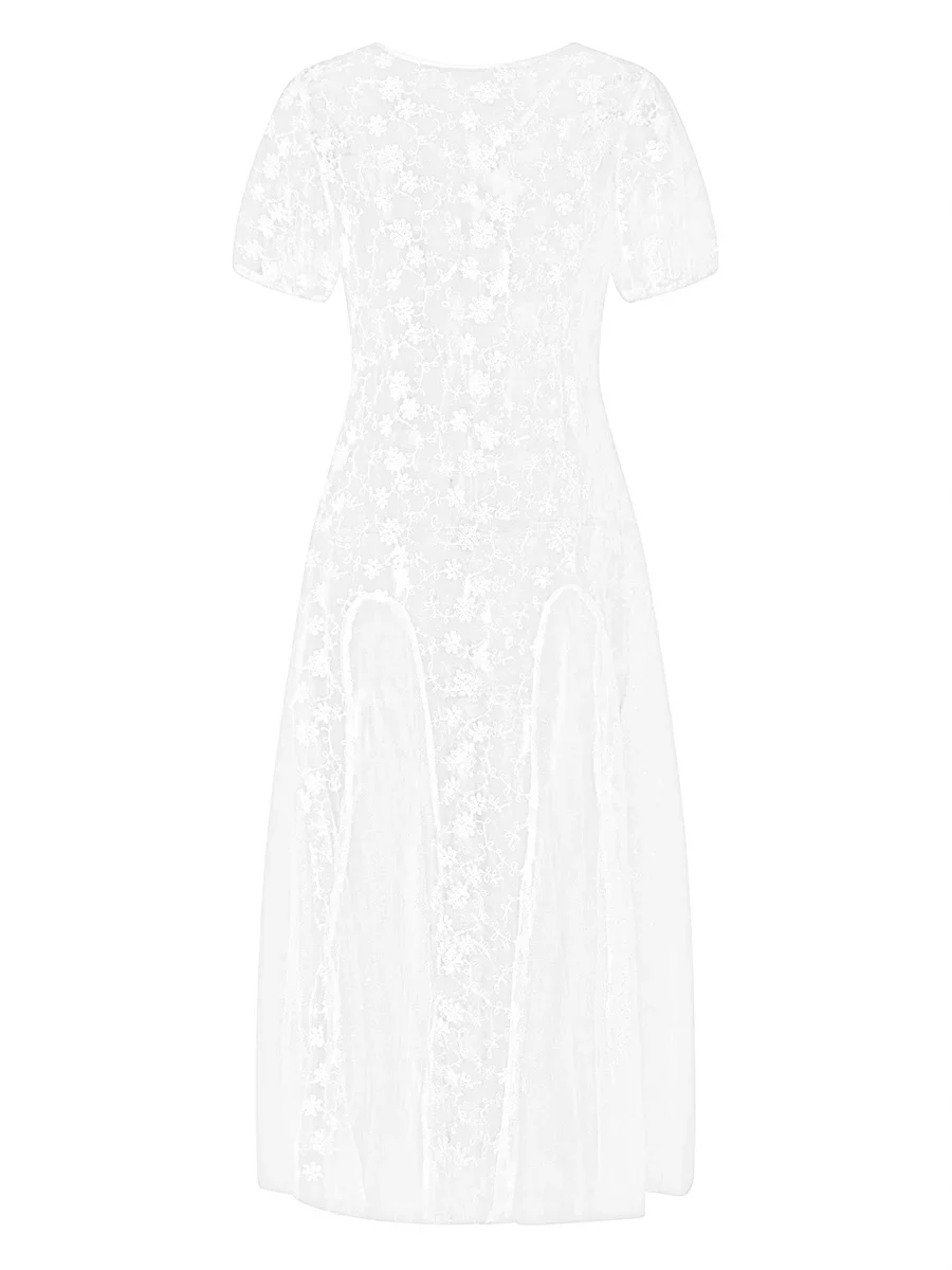 Women Summer Lace Sheer Long Dress Short Sleeve Hollow Out Lace Floral See Through Dress Cover Up Dresses Party Streetwear