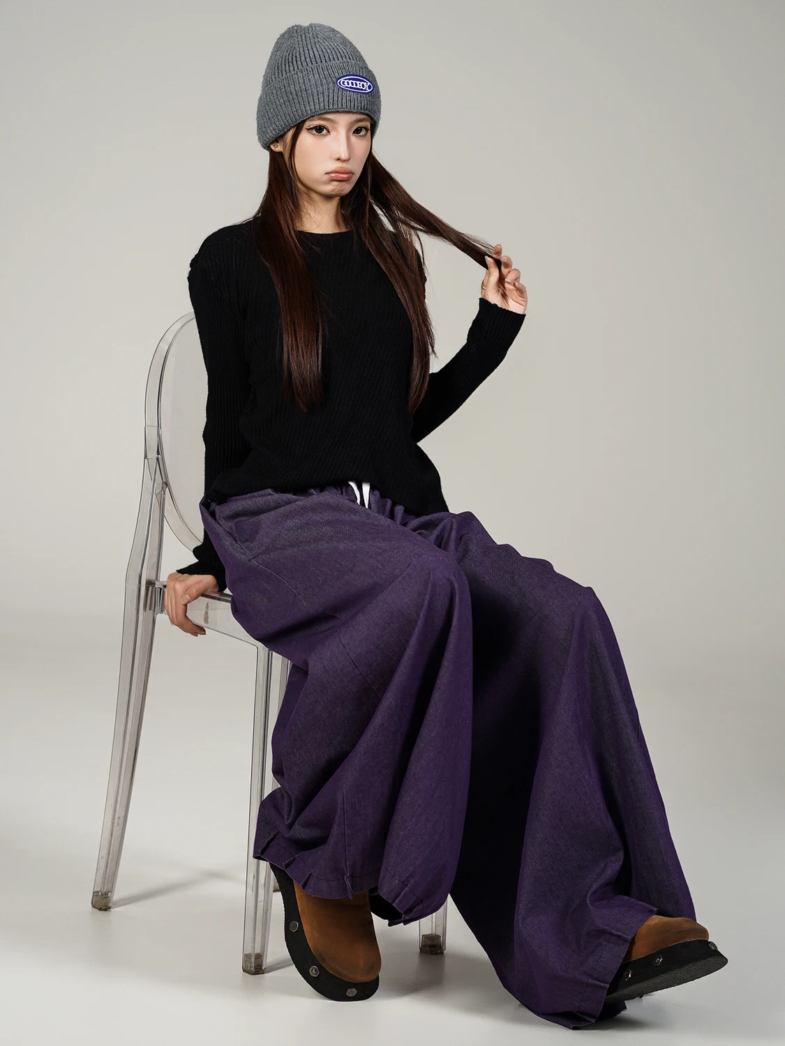 Pantalones Casuales Retro de Cintura Alta y Pierna Ancha para Mujer, Morados, Estilo Linterna, de Mezclilla, Algodón y Spandex, Cintura Elástica, Ajuste Holgado