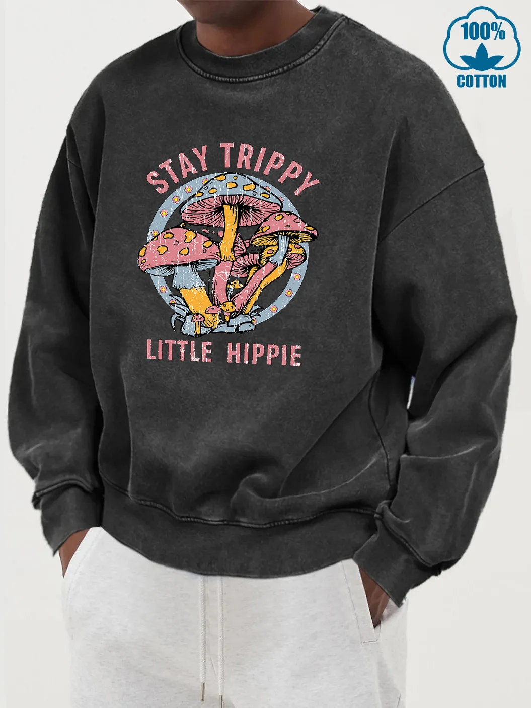 

Stay Trippy Little Hippie Print Men Washed Cotton Clothes Fashion Comfortable Sweatshirt Casual Street Hoody Loose Sport Top