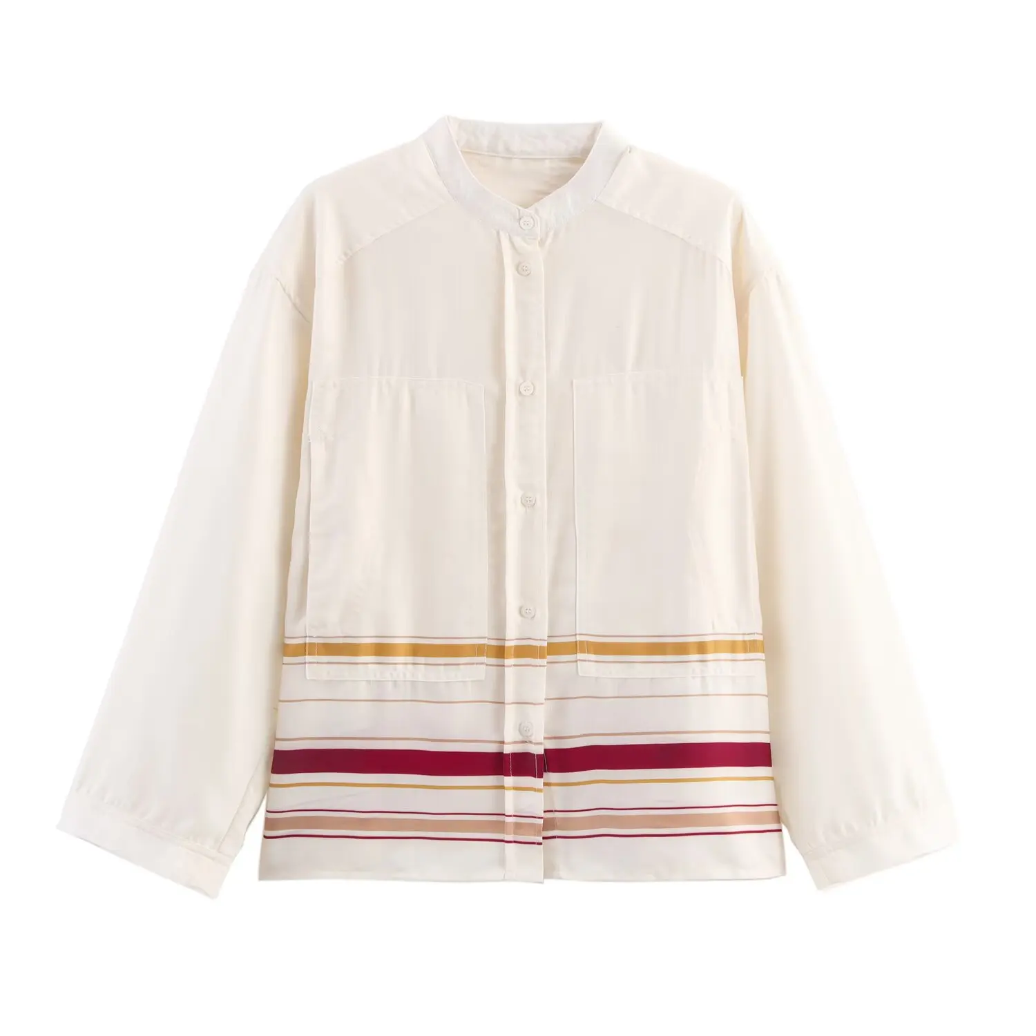 Bsk & tref2025 outono feminino nova cor contrastante listrado gola alta camisa de manga comprida + bolso grande listrado calças de perna larga