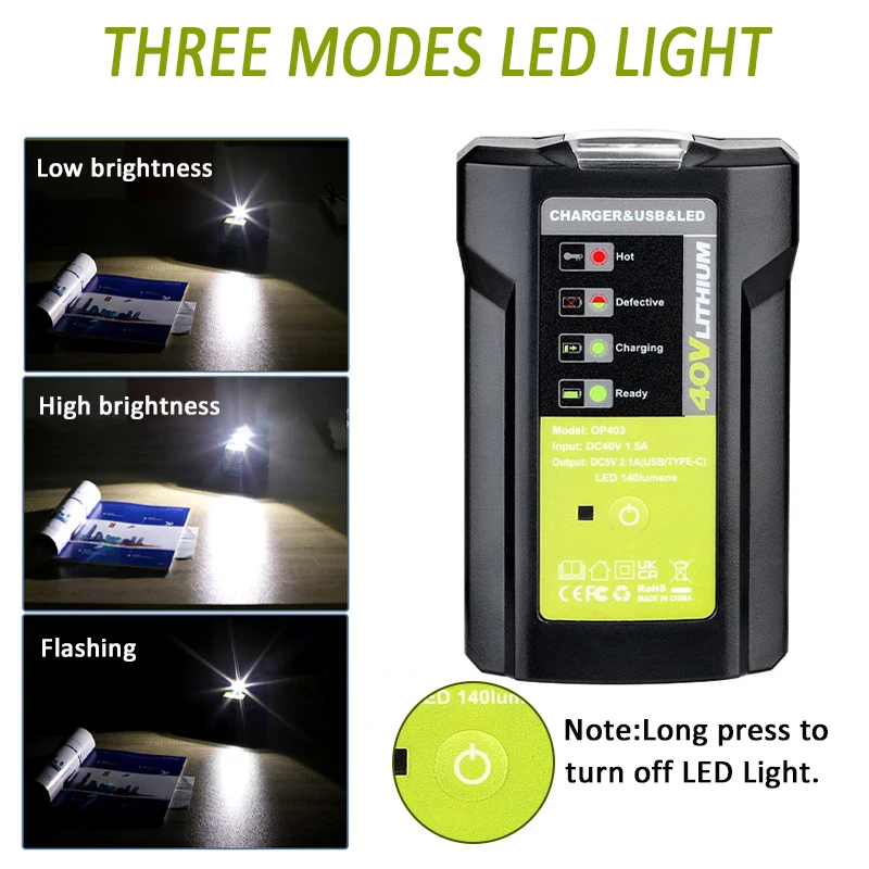 Elektrowerkzeug-Netzteil-Ladegerät für Ryobi 36-40V Li-Ionen-Akku mit LED-Arbeits licht USB-Typ-C-Ausgang 5V 2,1 A.