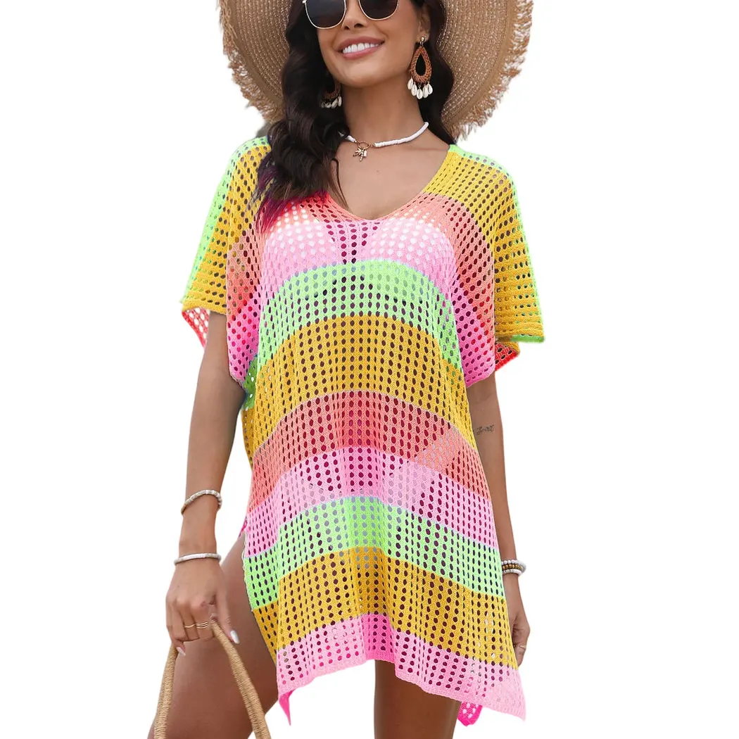 

Женский летний вязаный пуловер, пляжное платье, сексуальный полый цветной лоскутный купальник, бикини, пляжная одежда с v-образным вырезом и разрезом