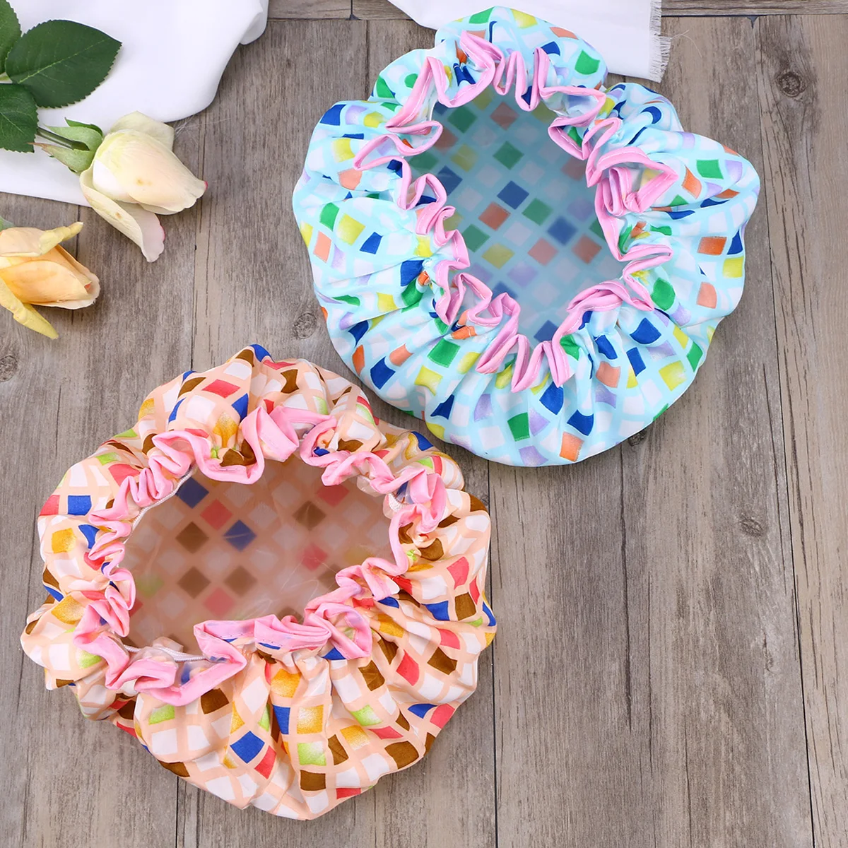 

2Pcs Waterproof Shower Caps Thickened Eva Double-Layer Bath Hats for Women Lady Hair Protection Spa Hair Cover Blue Beige