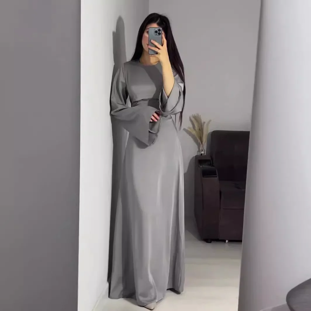 Abaya-Robe en Satin à Manches sulfpour Femme, Bretelles de Taille, Couleur Unie, Mode Décontractée, Col Rond, Évasée, Nouvelle Collection