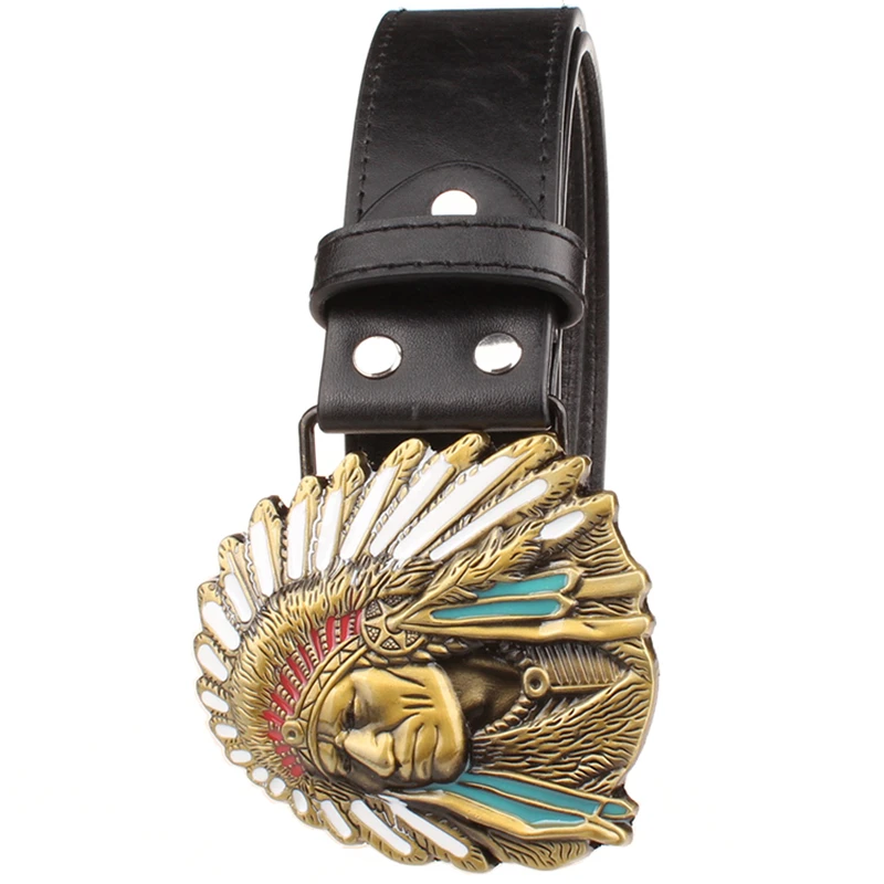 Fashion Men Belt Indian Chief Sign Metal Buckle Man Punk Rock Style  Native American Head Men\'s Lleather Waistband Hip Hop Girdl