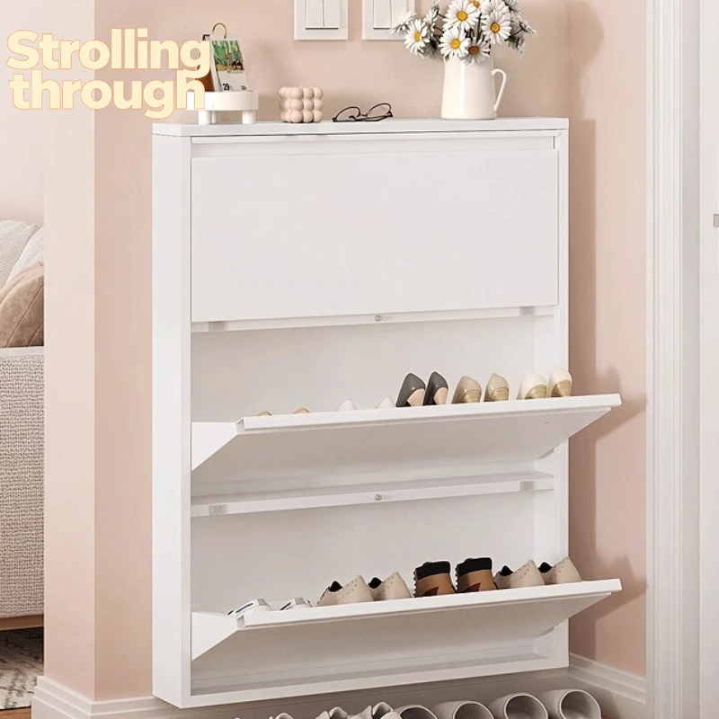 

Ultra-Thin Metal Tilt-Out Shoe Rack Narrow Multi-Layer Entryway Storage Cabinet Home Metal Shoe Organizer with Flip Cover