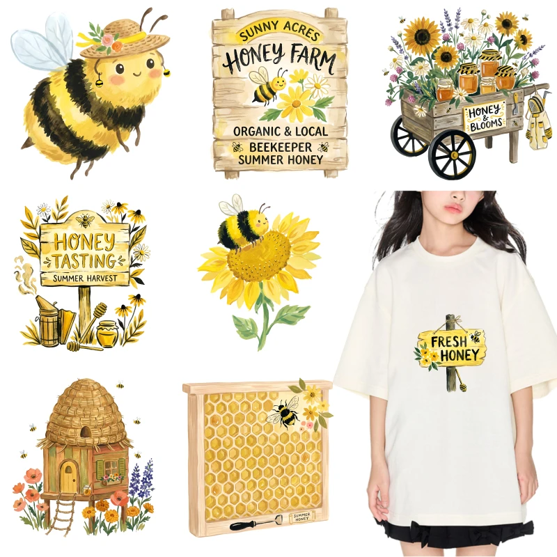 2PCS Honey Bee Sunflower Hive Sign iron on patches DTF Patches for clothes Iron-on transfers for clothing heat transfer sticker