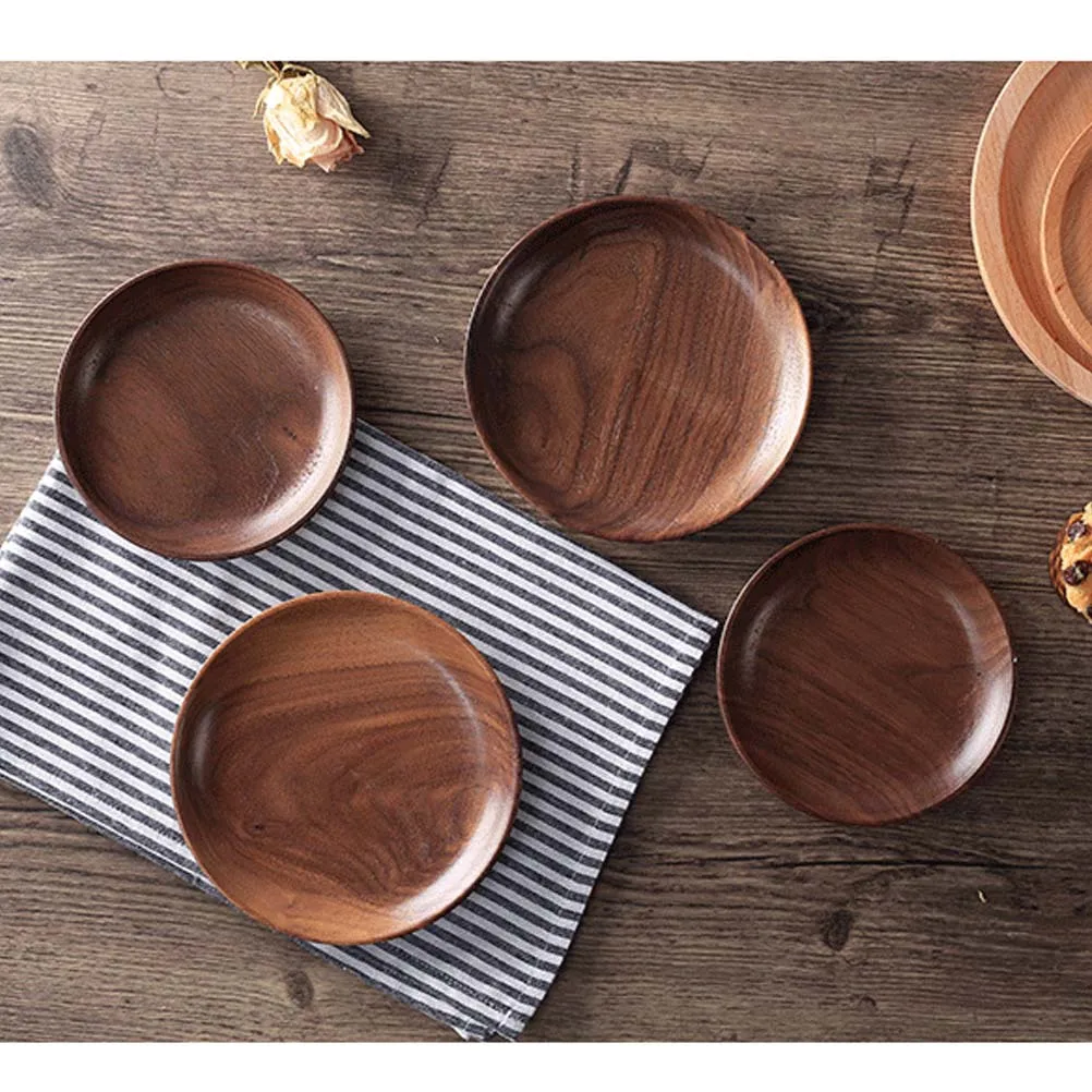 

1 pc Wooden Dessert Plate Japanese Style Round Black Walnut Serving Tray 20X20X2Cm Natural Texture Eco-Friendly Dinnerware For