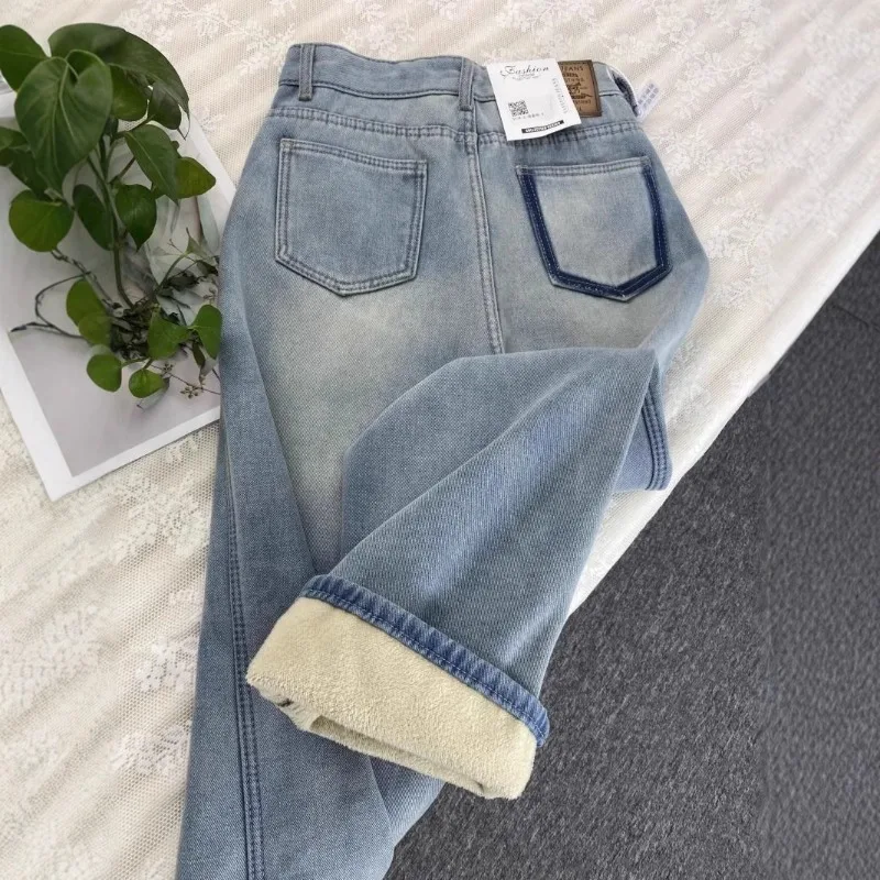 2025 Autumn  Winter New Style Plush Warm Straight Women Jeans   Light Blue High Waist Slim and Narrow Women Wide-leg Pants