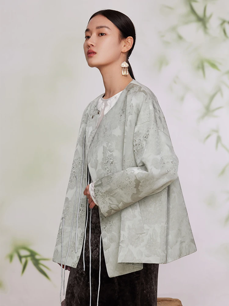 

Retro Chinese Sle ort Jaet round Ne Side Buttoned Floral Embroidery Women's Spring Autumn New Arrival Outerwear